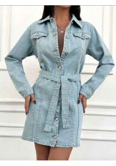 Shevega Kadın Buz Mavi Kuşakli Kot Elbise Mavi