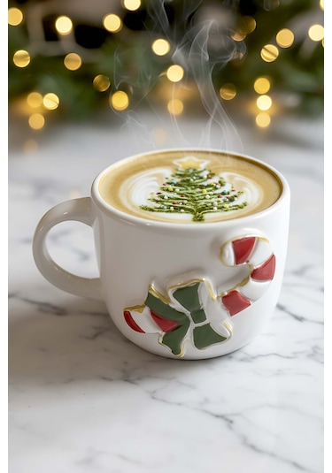Rivaistanbul Şeker Baston Amore 24 K Altın Süslemeli El Yapımı Yılbaşı Hediyesi Seramik Double Kahve Fincanı, Mug, Kupa Çok Renkli