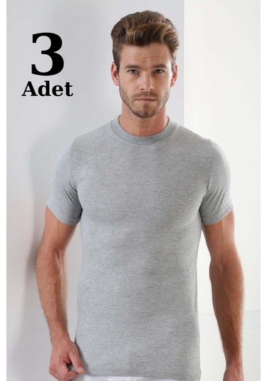 Erkek Gri Sıfır Yaka Kısa Kol Fanila Tişört %100 Pamuklu Penye 3'lü Paket Gri
