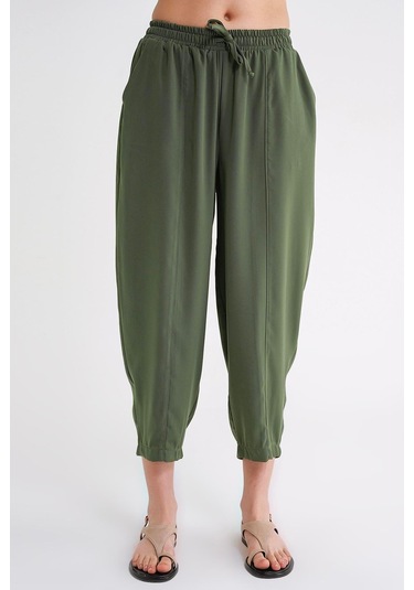 4307 Kadın Beli Lastikli Parçalı Şalvar Pantolon Haki Haki