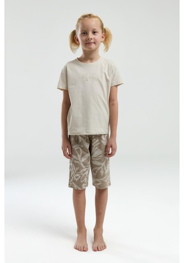 Arnetta 3301 Garson Nature Lover Kız Çocuk Bisiklet Yaka Kısa Kol Kapri Pijama Takım Bej