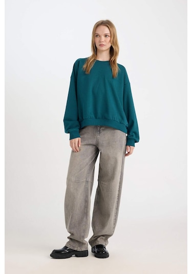 DeFacto Coool Oversize Geniş Kalıp Bisiklet Yaka Basic Düz Kalın Kumaş İçi Yumuşak Tüylü Sweatshirt D9022AXNSGN1040 Yeşil