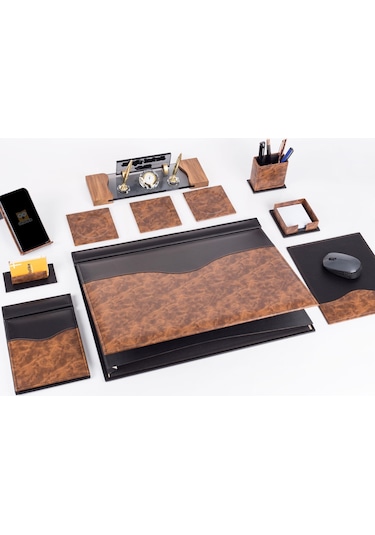 9 Parça Kök Ağaç Ahşap Desen Siyah Lüks Sümen Takımı Elit Kristal Ofis Masa İsimliği Sümen Seti