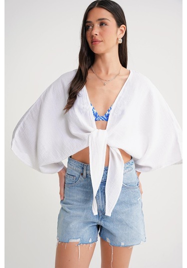 4723 Kadın Önü Bağlamalı Bolero Bluz Ekru Ekru