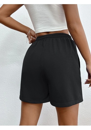 Siyah Kısa Basic Şort - Penye Baskısız Kordonlu Siyah