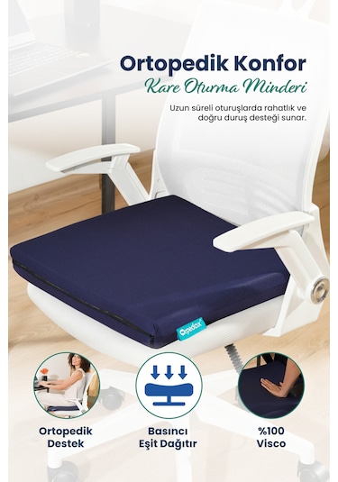 Kare Ortopedik Visco Oturma Minderi Bel, Basen Ve Baldır Destekli %100 Visco Minder - 45x43x6cm Lacivert