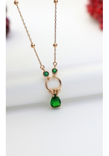 Yeşim Taşlı Özel Tasarım Gümüş Kolye 50Cm-Rose Gold