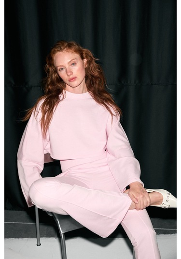 ANOUK Kadın Pamuklu Baskı Ve Patch Detaylı Bisiklet Yaka Crop Pembe Sweatshirt
