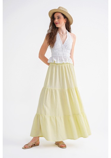 4567 Kadın Fırfırlı Uzun Müslin Etek Pastel Sarısı Pastel Sarısı