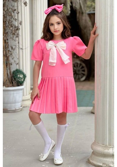 Riccotarz Kız Çocuk Göğsü Fiyonk Detaylı Eteği Pliseli Pembe Elbise 001