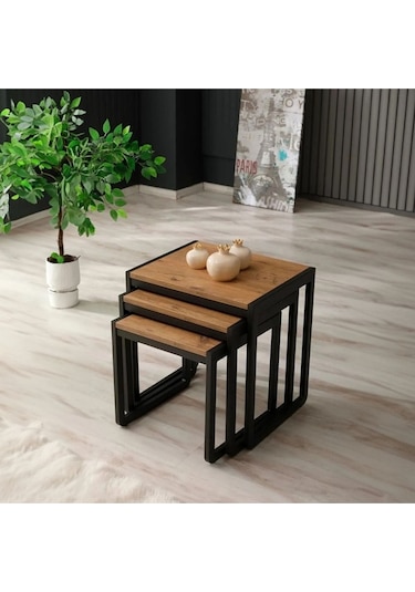 Doğal Ahşap Masif Panel Üçlü Zigon Sehpa Siyah