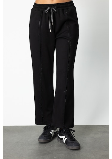 On Kadın Beli Lastikli Taşlı Eşofman Altı 66547 Siyah Siyah