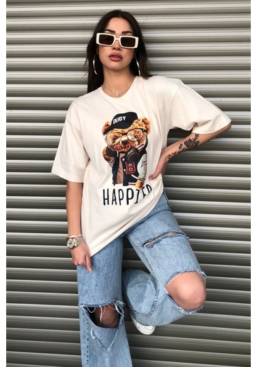 Modagen Kadın Happier Oversize Baskılı Bej T-shirt Hp Bej