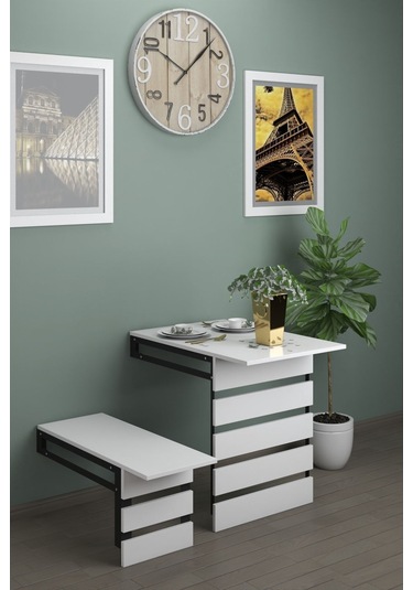 Begonya Duvara Monte Katlanabilir Tek Tabureli Yemek Masası Pratik Mutfak Masası Balkon Masası