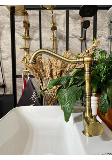 İsaoğlu Yapı Antik Gold Eskitme Rustik Mutfak Bataryası Sarı Evye Musluğu Altın Rustik Batarya Mat Altın Musluk Gold