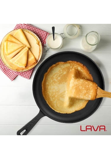 Lava Döküm Yuvarlak Pizza Krep Pankek Tavası Döküm Demir Yekpare Saplı Çap Ø 26cm Siyah