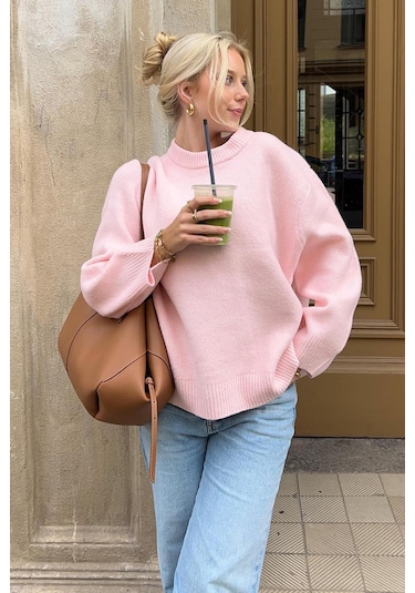 Madmext Madmext MG1972 Bisiklet Yaka Oversize Triko Kadın Kazak - Pembe