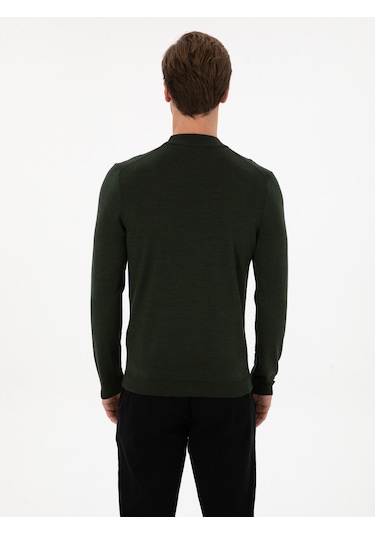 Cacharel Koyu Yeşil Slim Fit Yün Karışımlı Çeyrek Balıkçı Basic Triko Kazak Yesıl