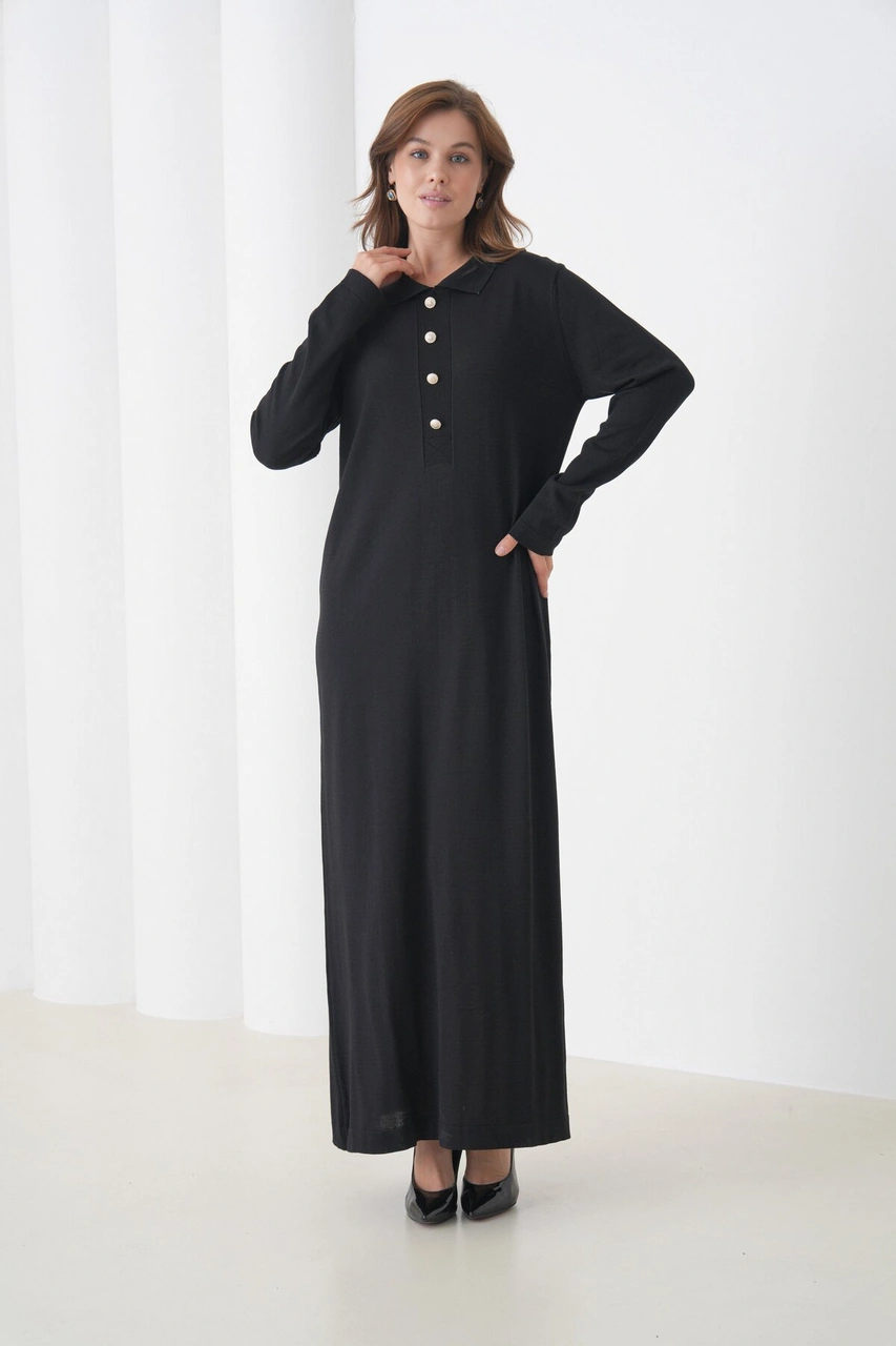 Kadın Uzun Kol Gömlek Yaka Triko Önden Düğmeli Triko Spor Şık Elbise Siyah