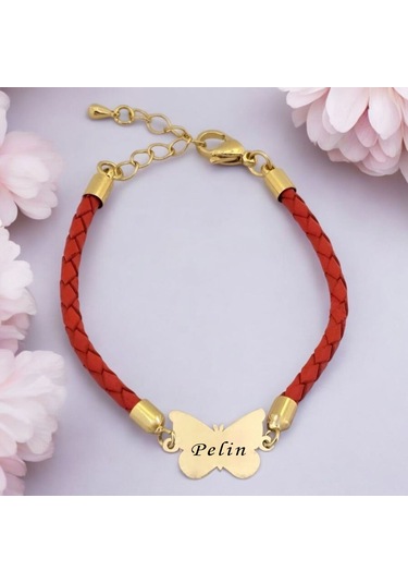 Pelin İsmine Özel Kelebek Motifli 14 Ayar Altın Plakalı Turuncu Derili Hediye Bileklik-502isim Pelin