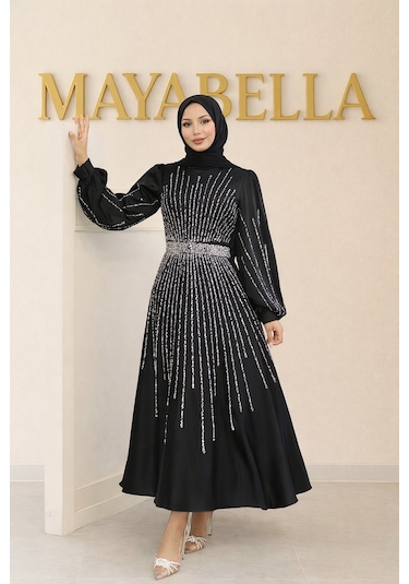 Mayabella İşlemeli Saten Tesettür Abiye Siyah Siyah