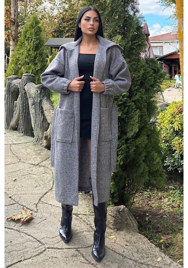 Antrasit Cepli, Balon Kol, Kemerli, Kalın Örgü Triko, Uzun Kaban Antrasit