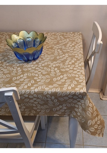 Elyaflı Pvc Muşamba - Desenli Silinebilir Masa Örtüsü Krem Fnt1248 Bej