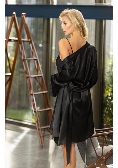 Laperissa Kadın Siyah Saten Dantelli Gecelik Ve Sabahlık Takımı Şık Ve Zarif 2 Li Set Siyah