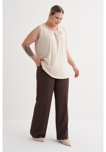 Pile Detaylı Örme Bluz-6237 Krem