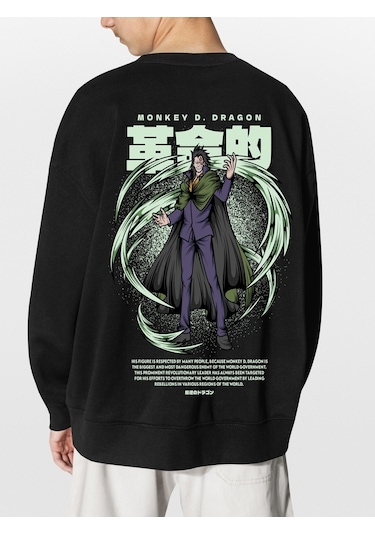 Unisex Siyah Dragon Baskılı Hoodie Oversize Kapşonsuz Sweatshirt Siyah