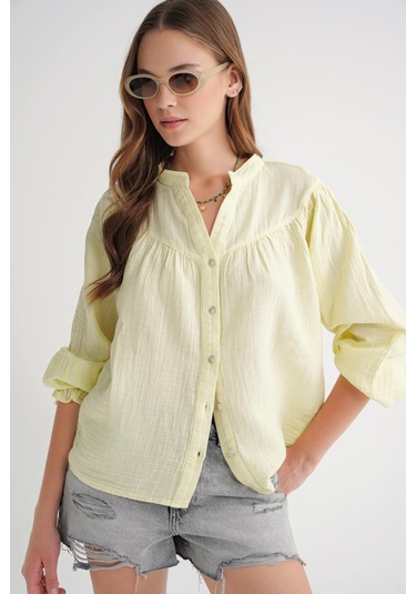 4733 Kadın Büzgü Robalı Uzun Kol Müslin Gömlek Tereyağı Sarısı Tereyağı Sarısı
