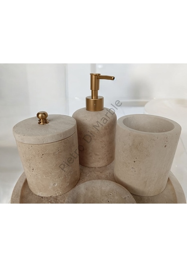 Sarı Traverten Klasik Model 5 Parça Mat Gold Renk Düğme Aksesuarlı Banyo Seti Sarı Traverten