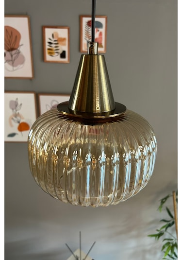 Mola Cam Bal Rengi Tekli Avize Eskitme Huni Başlık Retro Sarkıt Lamba Restoran Salon Aydınlatma Bal