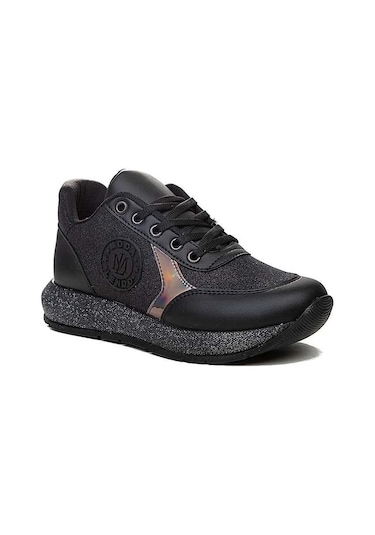 Tarzbu Modalendo Günlük Sneaker Yürüyüş Cilt Simli Siyah Kadın Ayakkabı Siyah
