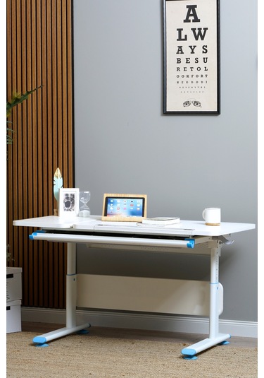 Vega Basic Yükseklik Ve Eğim Ayarlı Beyaz Çalışma Masası, Çekmeceli Bilgisayar Ve Ofis Masası, Mavi Gri