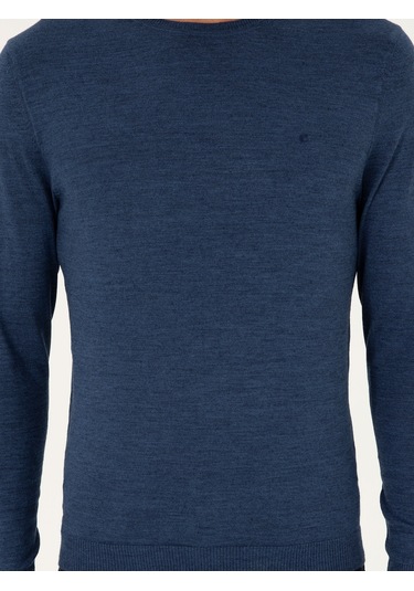 Cacharel İndigo Slim Fit Yün Karışımlı Bisiklet Yaka Basic Triko Kazak Mavi