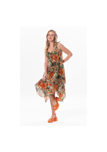 Kadın Askılı Vual Afrodit Midi Boy Yazlık Elbise Batik Turuncu 6205