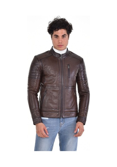 Hakiki Deri Siyah Erkek Deri Mont Hakim Yaka Üç Cepli Fermuarlı Fermuarlı Deri Ceket Kahverengi