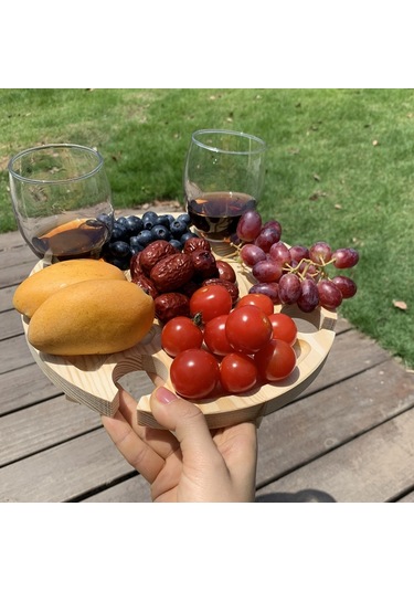 Açık Şarap Piknik Masası 30X16 Cm Katlanır Ahşap Aperatif Ve Peynir Tepsisi Ile 4 Şarap Bardakları Tutucu Çok Renkli