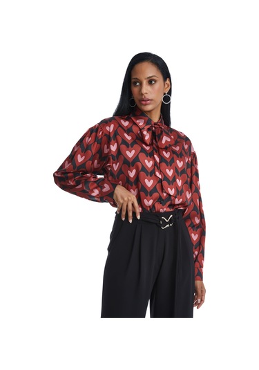 Kalp Desenli Şık Gömlek Zarif Fiyonk Detaylı Tasarım Kiremit