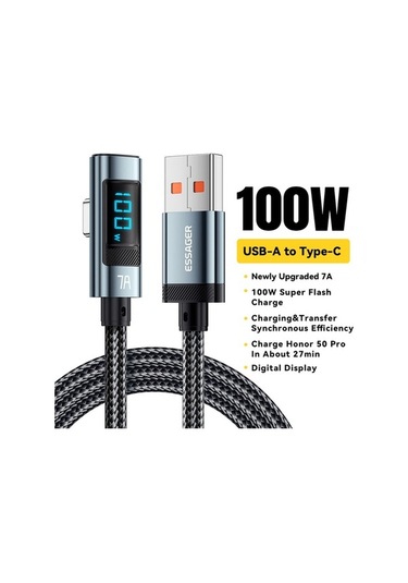 Pazly Esger 2m Dirsek 7a 100w Usb-a Tip-c Şarj Kablosu, Ergonomik, Dijital Ekran, Hızlı Şarj