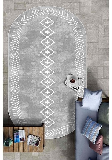 West Home Dijital Baskı Yıkanabilir Kaymaz Taban Oval Mutfak Halısı Salon Halısı Ve Yolluk Wh 375 Grey Oval