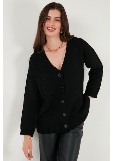 Lela Regular Fit V Yaka Düğmeli Triko Bayan Hırka 4616229 Siyah