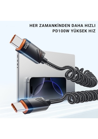 Essager Pd 100w Type-c To Type-c 1.8m Yaylı Spiral Data Ve Hızlı Şarj Kablosu, Kopmaz, Karışmaz Kablo