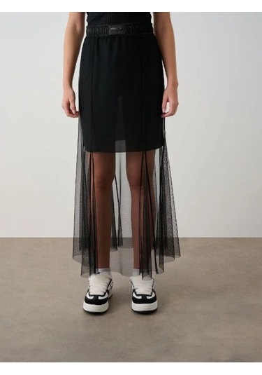 Kız Çocuk Tül Detaylı Astarlı Etek-14786 Siyah