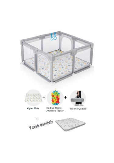 Playard Güvenli Bebek Ve Çocuk Oyun Alanı Oyun Parkı 120x120 Oyun Matı Topları Ve Yataklı Açık Gri