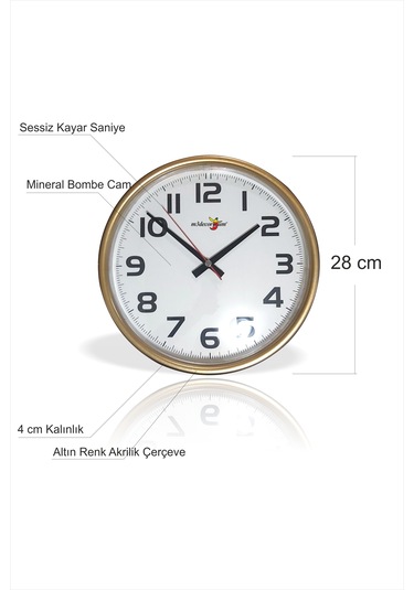 Altın Sarı Renk 28 Cm Bombe Camlı Sessiz Kayar Saniye Duvar Saati Altın