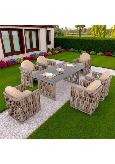 Talia Rattan Bahçe Masa Takımı 100x200 6 Kişilik Bahçe Mobilyası Gri