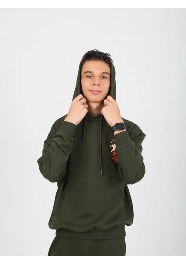 Erkek Çocuk 2 İplik Yazı Detaylı Kapüşonlu Sweatshirt-15232 Haki