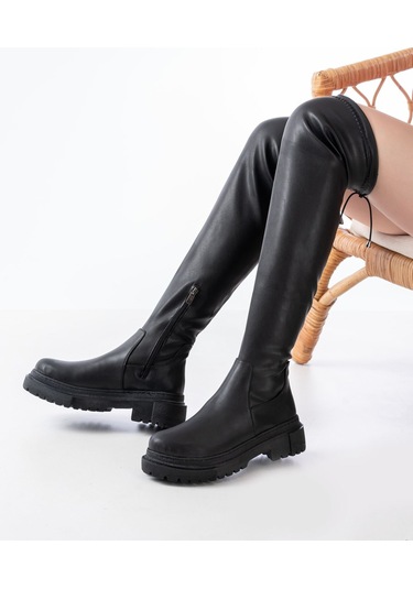 812-2194 Siyah Fermuarlı Diz Üstü Bağcıklı Çorap Günlük Kadın Çizme Resimdeki Renk